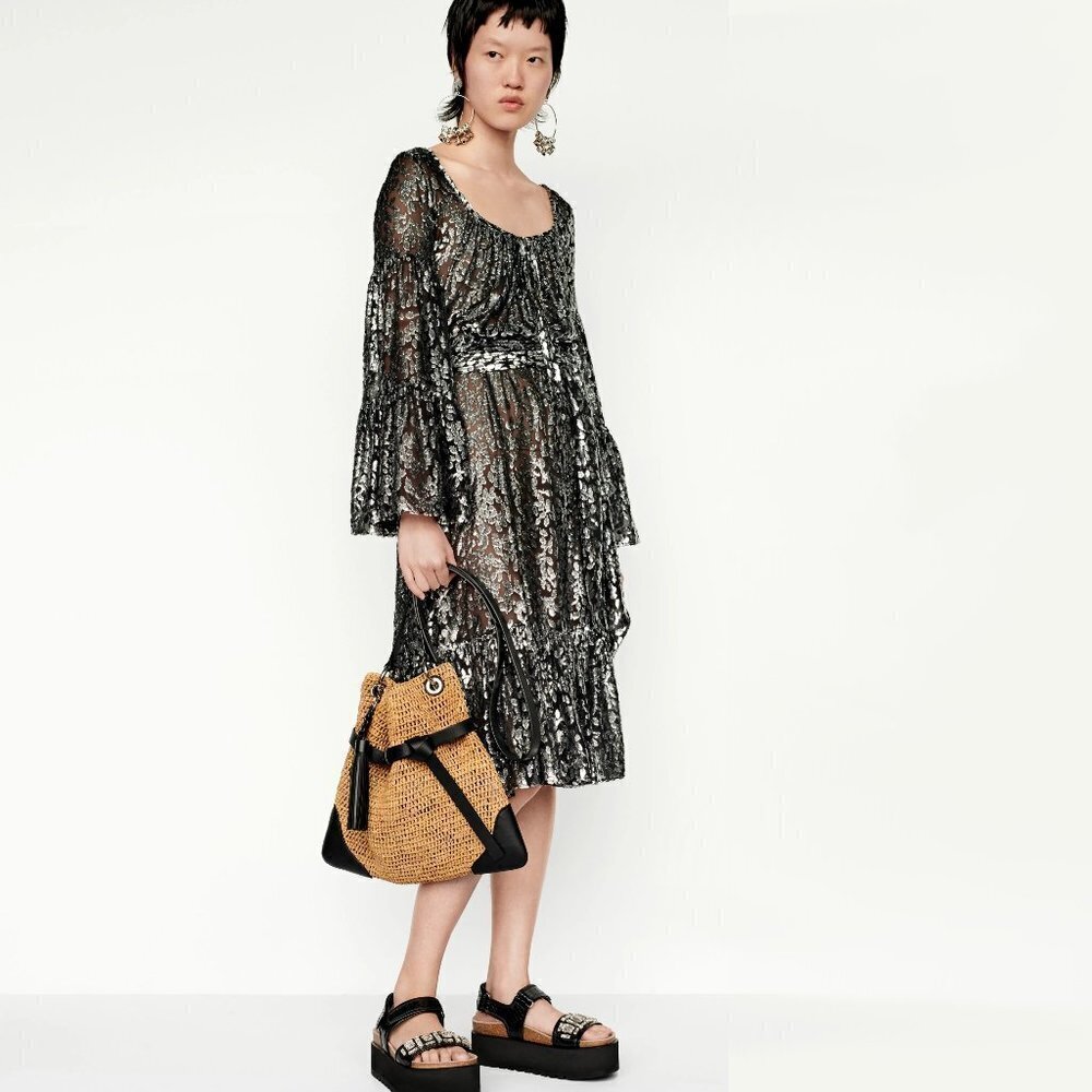 NWT Michael Kors black & silver metallic fibre floral print long sleeve dress, 8